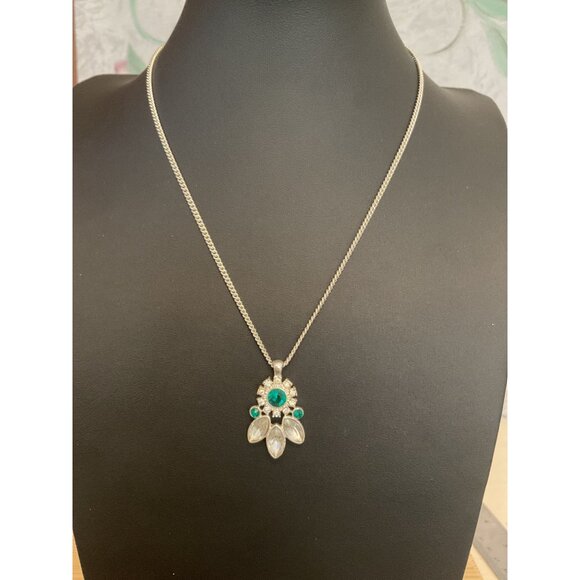 Silver Necklace With Emerald & Crystal Pendant - Picture 1 of 5